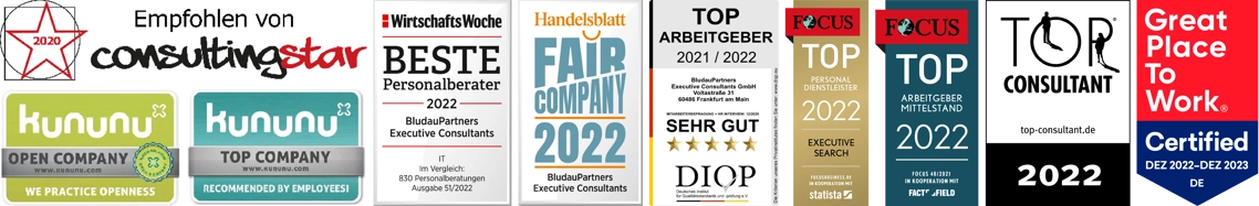 BludauPartners | Bester Arbetgeber 2020, Fair Company 2021, Focus Siegel 2021, Focus Siegel 2022, Top Arbeitgeber 2021/2022, Great Place To Work, Top Consultant 2021
